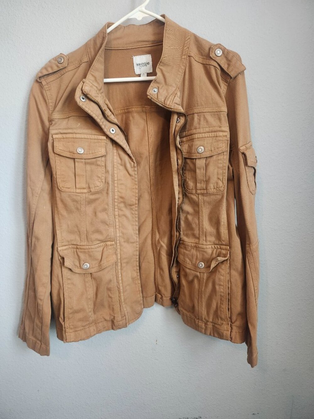 Kensie Jeans Tan Utility Military Field Jacket Women’s Large Cargo Moto Style